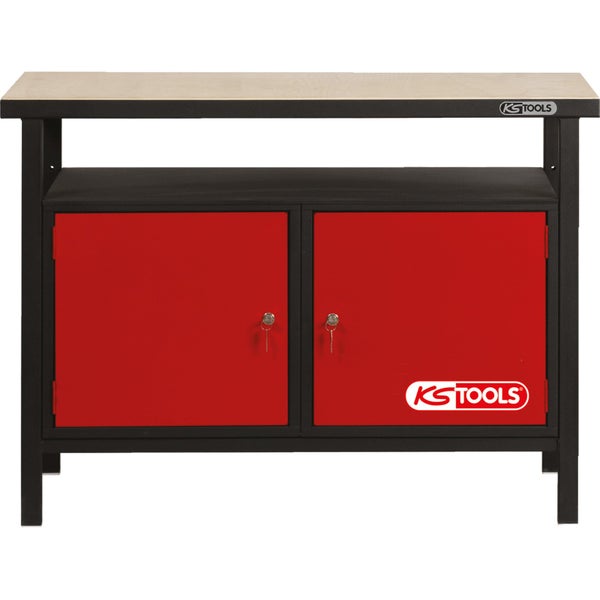 Werkbank mit Werkzeugschrank und KS Tools Logo