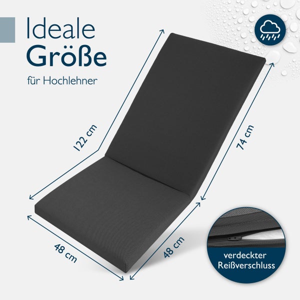 Auflagenbox für Hochlehner mit den Maßen 122 x 48 x 74 Zentimeter, wasserabweisend und mit verdecktem Reißverschluss.