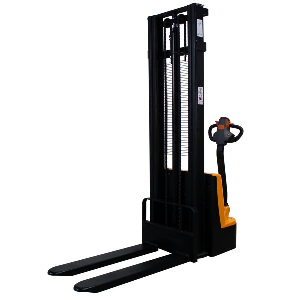 Elektrischer Hochhubwagen mit Duplexmast und Deichsel für den Palettentransport im Lager.