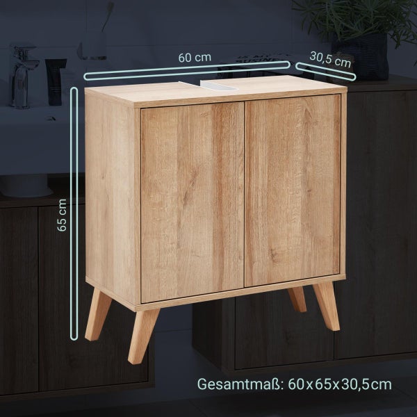 FACKELMANN FINN Badmöbel Set 2 Teile / Waschbeckenunterschrank mit Push-to-Open / 4 Holzfüße / Badschrank mit 2 Türen / Korpus & Front: Braun hell / Rahmendekor & Füße: Braun hell / Breite: 60 cm