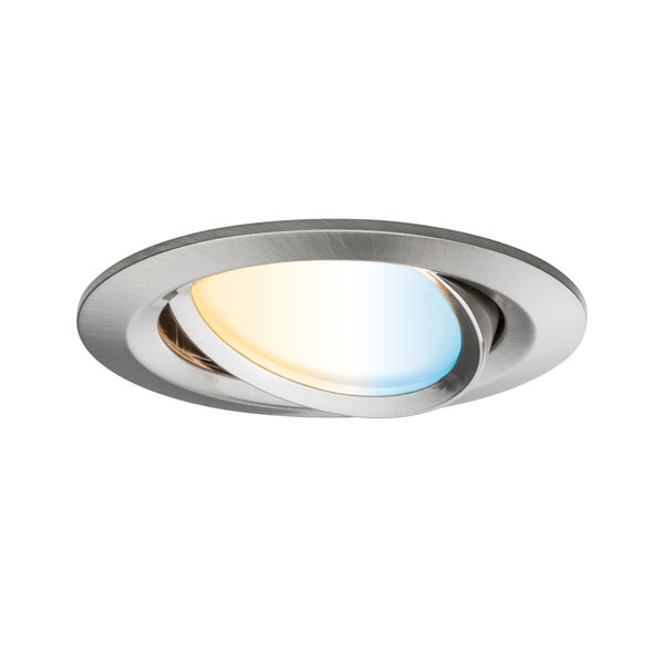 Einbaustrahler aus gebürstetem Metall, rund, schwenkbar, mit LED und einstellbarer Farbtemperatur.
