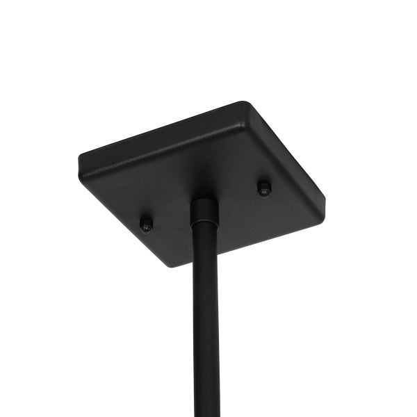 Schwarze quadratische Deckenrosette mit Aufhängestange für Leuchten.