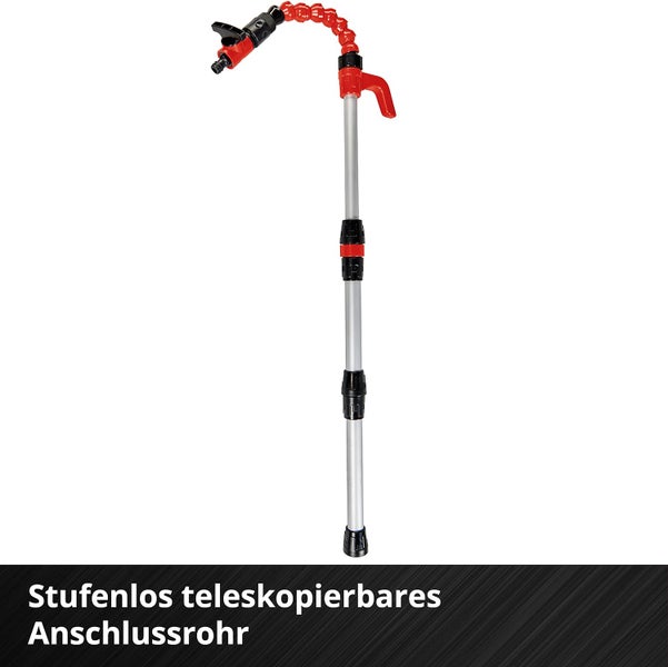 Stufenlos teleskopierbares Anschlussrohr aus silbernem Aluminium mit rot-schwarzen Kunststoffelementen und flexiblem Oberteil.