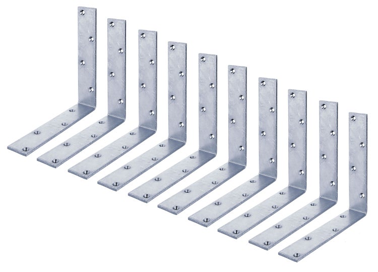 Set aus zehn verzinkten Metallwinkeln mit vorgebohrten Schraublöchern zur stabilen Verbindung von Holzbauteilen.