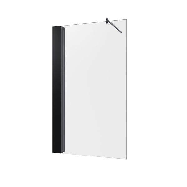 Walk-In Duschwand aus Glas mit schwarzem Wandprofil und Stabilisierungsarm.