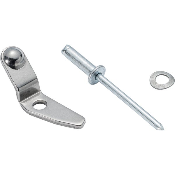 Blindniete mit Befestigungswinkel und Unterlegscheibe aus Metall.