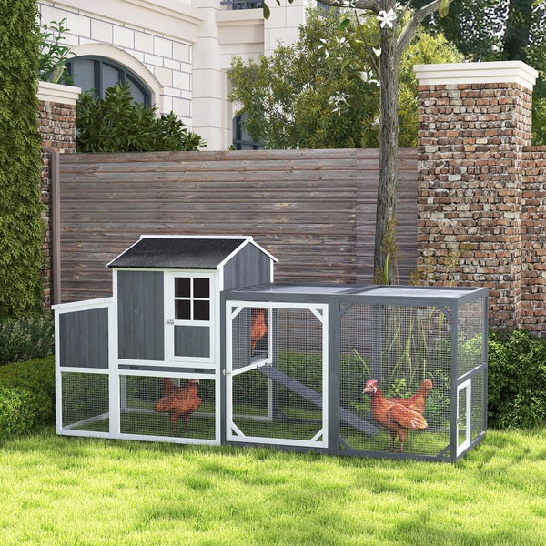 PawHut Hühnerstall, 236,5 x 91 x 114 cm Hühnergehege mit Nistkasten, Freigehege, Hühnerhaus aus Holz mit 2 Sitzstangen, wasserfester Anstrich, für 3-4 Hühner, Grau