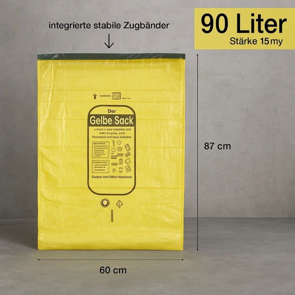 Gelber Sack mit 90 Liter Volumen und integrierten Zugbändern