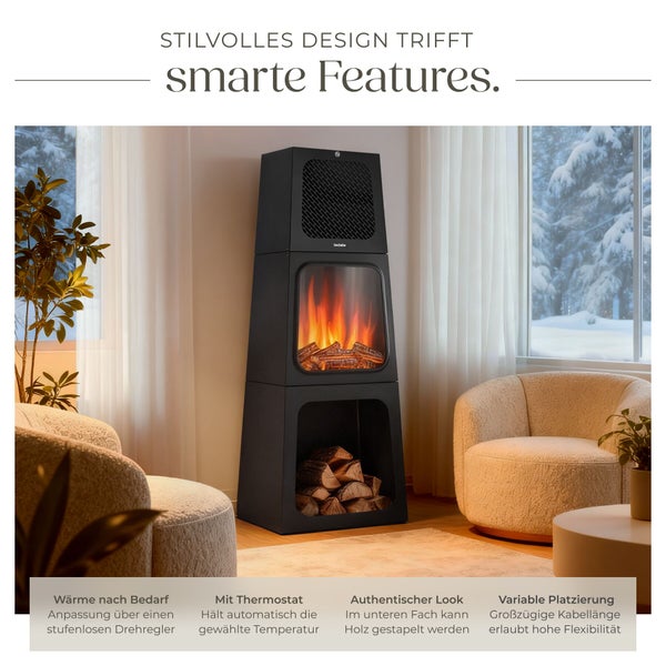 Wohnzimmer mit Elektrokamin und Holzscheiten