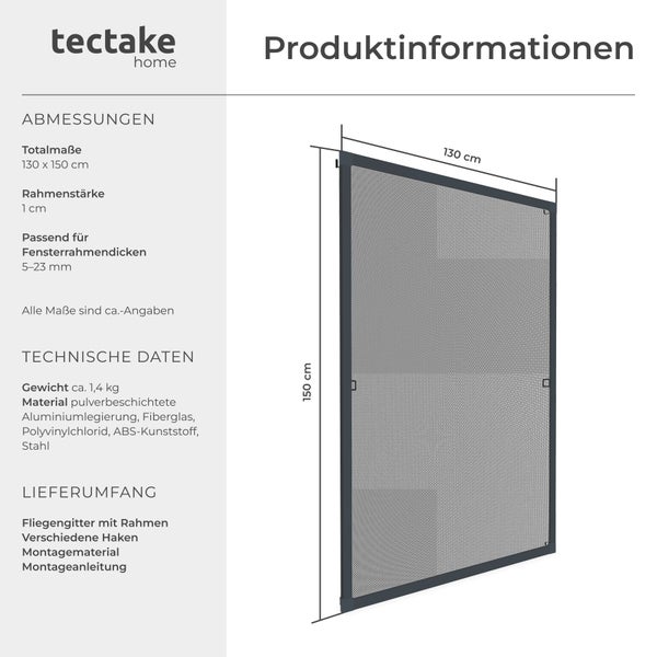 tectake home Logo und Produktinformationen für ein Fliegengitter mit Aluminiumrahmen, Maße 130 mal 150 Zentimeter, Material Fiberglas.