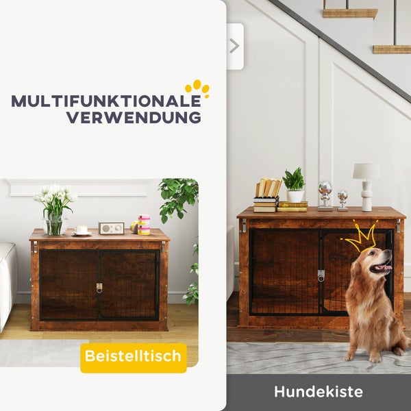 PawHut Hundekäfig Möbel, Hundebox für Zuhause, Beistelltisch für große Hunde unter 30 kg, Hundehaus mit 2 verschließbaren Türen, Stahl, 98 x 60 x 65,5 cm, Rustikales Braun
