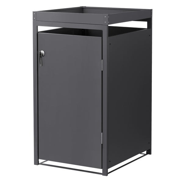 Mülltonnenbox aus Metall in Anthrazit mit Fronttür und Dachwanne.