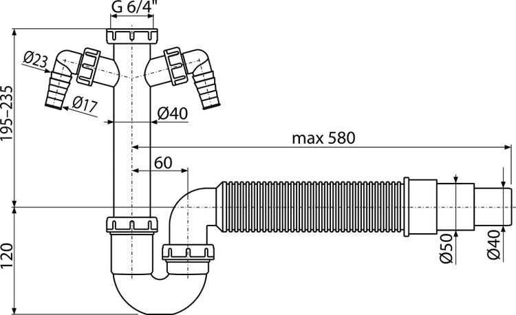 Technische Zeichnung eines Siphons für Spülbecken mit zwei Anschlüssen und einem flexiblen Abflussrohr mit Maßen.