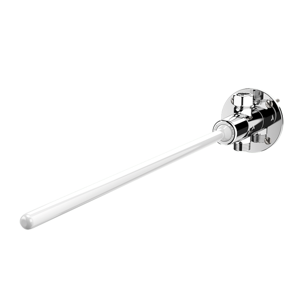 Frostsichere Außenarmatur aus Metall mit langem Zuleitungsrohr und runder Montageplatte.