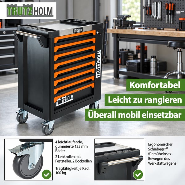 Trutzholm Werkstattwagen mit sieben Schubladen und ergonomischem Schiebegriff für den mobilen Einsatz in der Werkstatt.