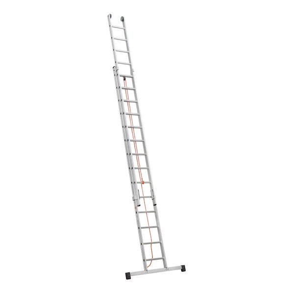 Zweiteilige Aluminium Schiebeleiter mit Seilzug und Wandlaufrollen zur bequemen Höhenverstellung.