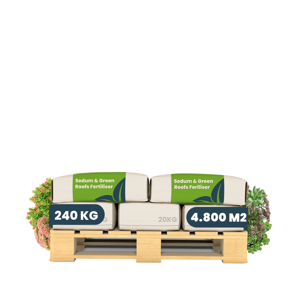 Mehrere Säcke Sedum- und Gründach-Dünger auf einer Holzpalette, Gesamtgewicht 240 Kilogramm für eine Fläche von 4800 Quadratmetern.