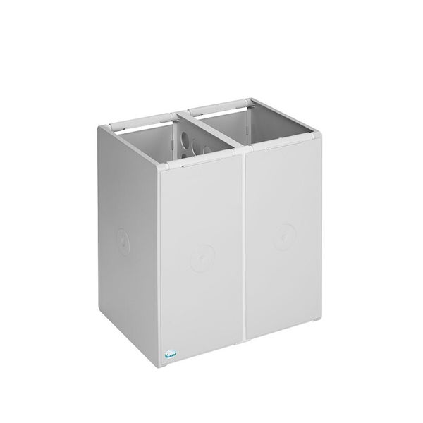 Mülltrennsystem aus Kunststoff mit zwei Fächern und Griffen.