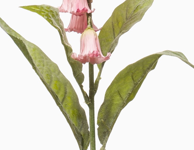 Künstlicher Fingerhut-Zweig mit rosa glockenförmigen Blüten und grünen Blättern.