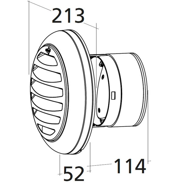 Technische Zeichnung eines runden Lüftungsgitters mit Außenhaube und Maßangaben.