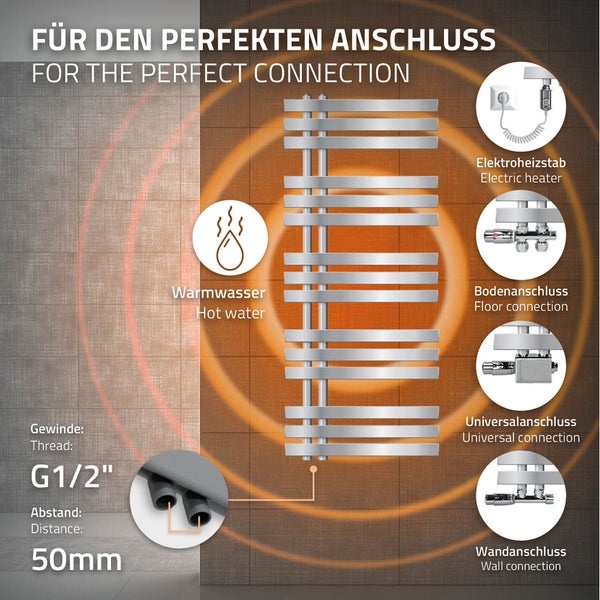 ECD Germany Iron EM Design Badheizkörper Elektrisch mit Heizstab 900 W - 500 x 1200 mm - Chrom - Designheizkörper Paneelheizkörper Heizkörper Handtuchwärmer Handtuchtrockner