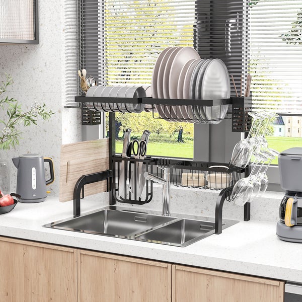 HOMCOM Abtropfgestell Geschirr, 2-stufiges Abtropfständer mit Haken, Tellerregal, Zubehör, 65 cm Abtropfgitter Gestell für Küchenspüle, Stahl, Schwarz