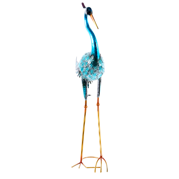 Gartenfigur Reiher aus Metall in Blau mit strukturiertem Gefieder und langen Beinen.