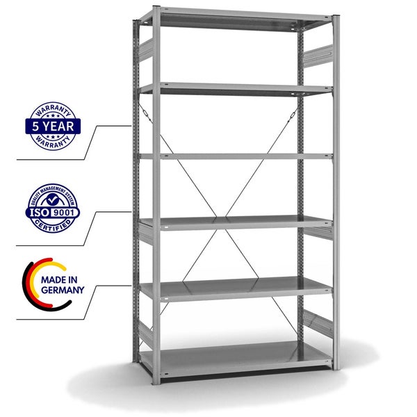PROREGAL Fachbodenregal Stecksystem T-Profil Medium-Duty Grundregal HxBxT 250 x 130 x 60 cm 6 Ebenen Fachlast 240 kg Einseitig Nutzbar Verzinkt