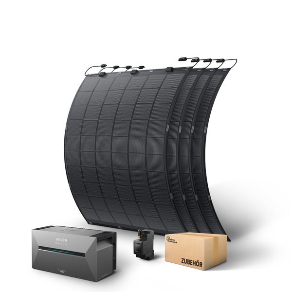 Balkonkraftwerk Set mit vier biegsamen Solarmodulen, Anker SOLIX Solarbank 2 Pro Speicher, Smart Meter und Zubehör.