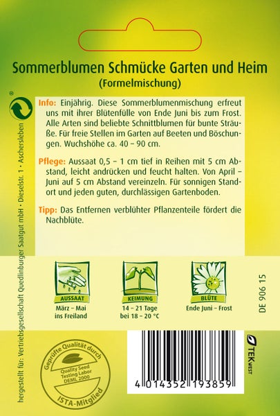 Rückseite Saatgutpackung Sommerblumen mit Informationen zu Aussaat, Keimung, Blütezeit, Wuchshöhe circa 40 bis 90 cm und Qualitätssiegeln.