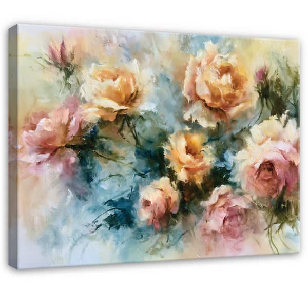 Wandbild auf Leinwand mit einem impressionistischen Gemälde von Rosen in sanften Pastelltönen