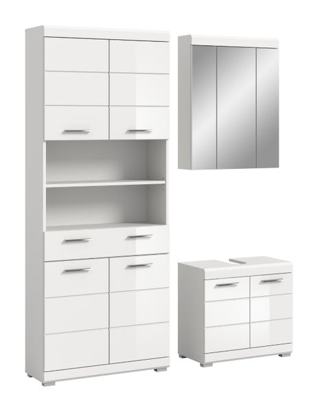 Badezimmermöbel-Set bestehend aus einem Hochschrank mit offenen Regalfächern, einem dreitürigen Spiegelschrank und einem Waschbeckenunterschrank.