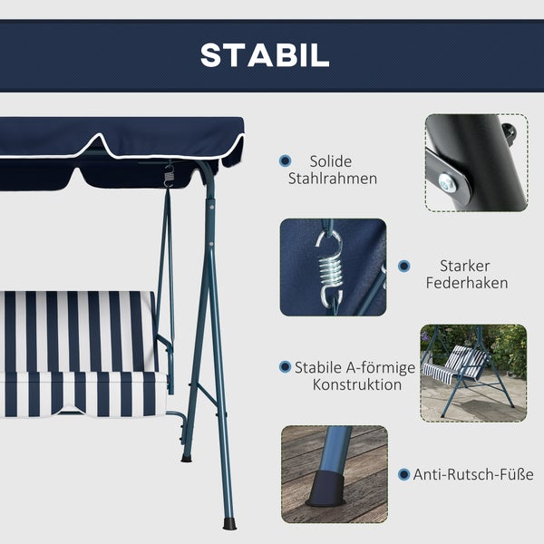 Outsunny Hollywoodschaukel 3-Sitzer Gartenschaukel mit Verstellbarem Dach, wasserabweisend Schaukelbank bis 240 kg belastbar, für Garten, Balkon, Mesh, Blau