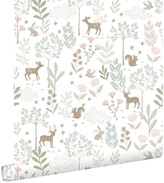 Tapete mit Waldmotiven, einschließlich Hirschen, Hasen, Eichhörnchen, Vögeln, Bäumen und Blumen