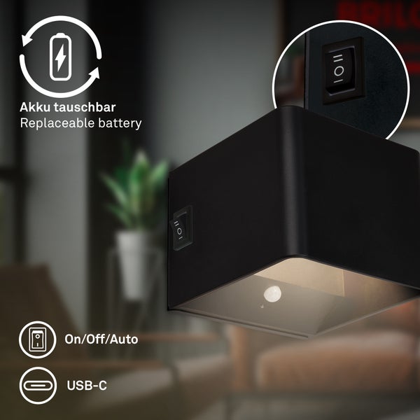 Wandleuchte mit austauschbarem Akku, Ein-Aus-Auto-Schalter und USB-C-Anschluss.