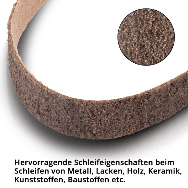 Schleifband mit Detailansicht der Oberfläche, geeignet für Metall, Lack, Holz, Keramik, Kunststoffe, Baustoffe und so weiter.