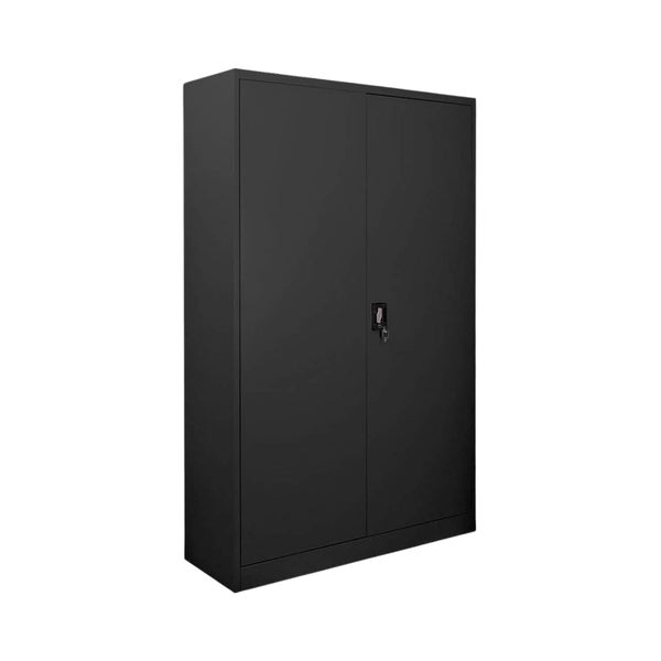 Schwarzer zweitüriger Metallschrank, abschließbar mit Schlüssel.