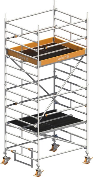 Rollgerüst mit zwei Arbeitsplattformen und Layher Logo