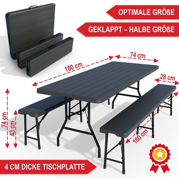 Dreiteilige Bierzeltgarnitur in Anthrazit, Tisch 180 mal 74 mal 74 Zentimeter, 4 Zentimeter dicke Platte, zwei Bänke 180 mal 28 mal 43 Zentimeter.