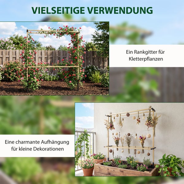 Vielseitiges Rankgitter aus Holz, dargestellt im Garten mit Kletterrosen und auf einem Balkon für Dekorationen.