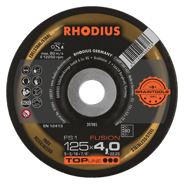 RHODIUS Schruppscheibe FS1 FUSION, 10 Stück, 125 x 4,0 x 22,23 mm, Korn 80, für Edelstahl, Stahl, Metall, TOPline