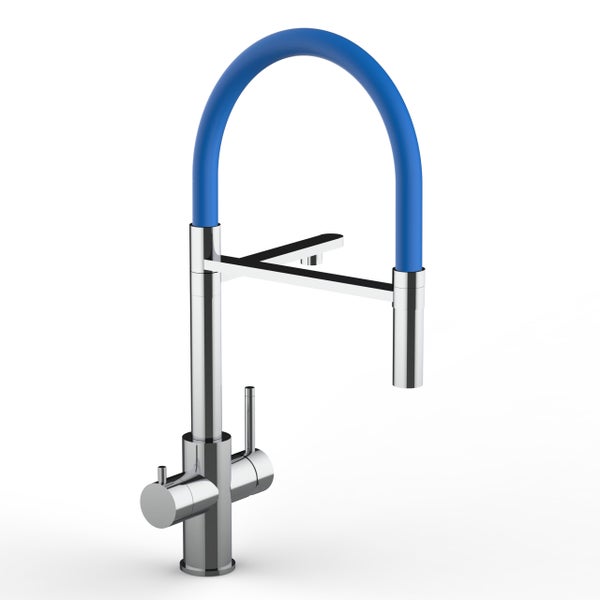 5 Wege Wasserhahn Küchenarmatur, Edelstahl Massiv mit 360° schwenkbarem Auslauf, abnehmbare 2 strahl Handbrause, Hochglanz / Blau