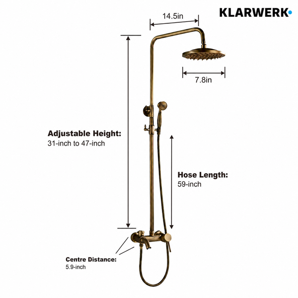 Höhenverstellbares Duschsystem mit Kopfbrause, Handbrause, Armatur und Maßangaben für Brausearm, Duschkopf, Schlauch und Stichmaß. Klarwerk Logo.