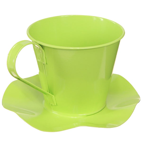 Dekorative Pflanzschale in Form einer Teetasse mit Untertasse.