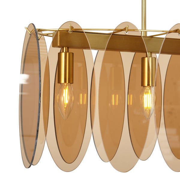 Moderne Hängelampe mit kreisförmigen, transparenten Elementen und Edison-Glühbirnen.