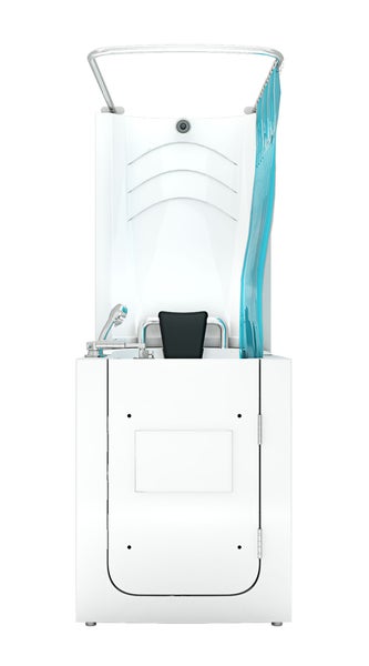 Rechteckiger Teppich in Blau und Beige mit abstraktem, meliertem Muster.