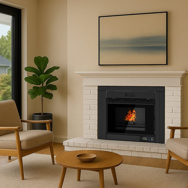 Wohnzimmer mit Kamin, Sessel und Tisch