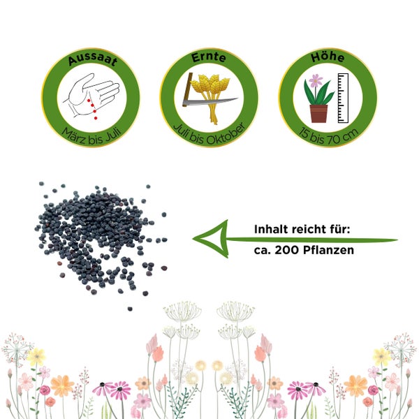Aussaat März bis Juli, Ernte Juli bis Oktober, Wuchshöhe 15 bis 70 Zentimeter, Inhalt für circa 200 Pflanzen.