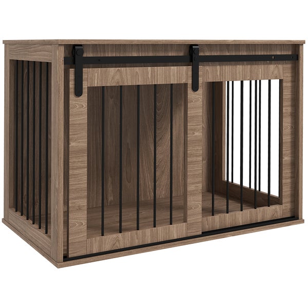 PawHut Hundekäfig für Zuhause, Abschließbar Hundehütte mit Eingang, Hundebox mit Schiebetür, Hundehaus für große Hunde unter 30 kg, Nussbaum, 98 x 58 x 61 cm