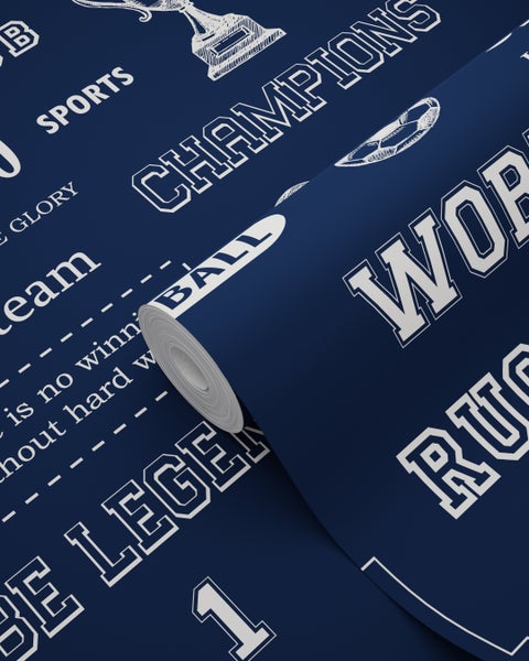 Tapetenrolle mit Sportmotiven und Schriftzügen